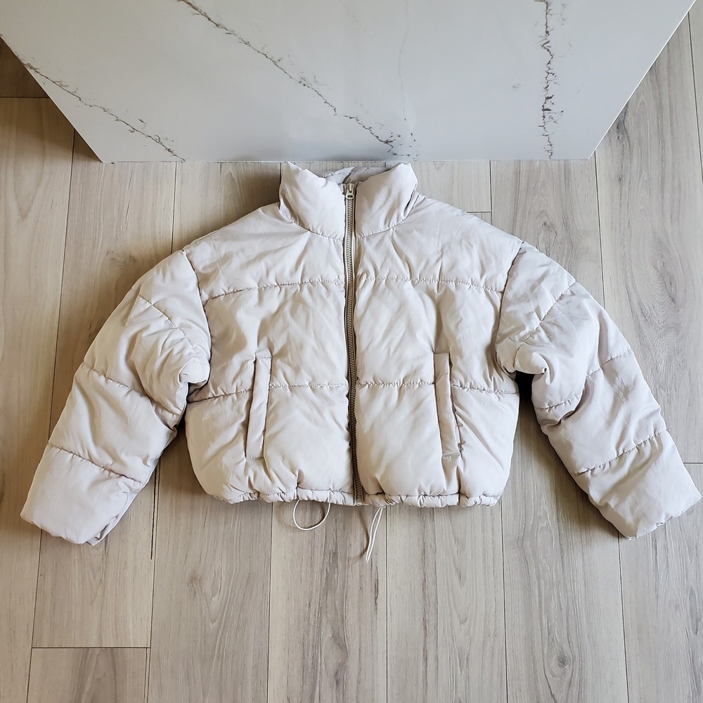 H&M Puffer Jacket Womens L Light Beige Cropped Winter Coat Streetwear